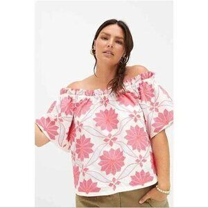 Anthropologie‎ Maeve Pink White Embroidered Off-The-Shoulder Blouse Top Size S